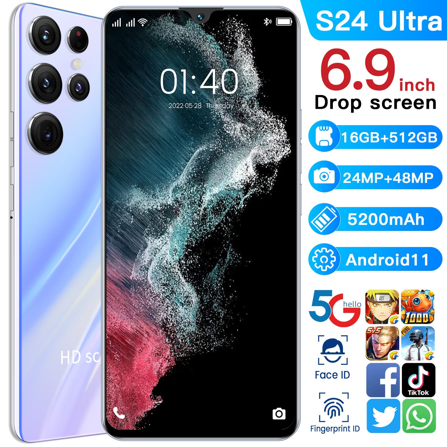 Cross-Border Mobile Phone S24 Ultra 6.9 Inches 16+512Gb 24Mp+48Mp Android 11 Hot-Selling Model for Foreign Trade