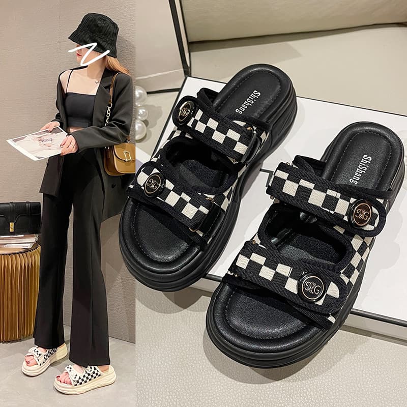 Women's Summer Outdoor Slippers Casual Thick Bottom Sports Beach Sandals Checkered Pattern Flat Sandals Comfortable Slip-On Shoes