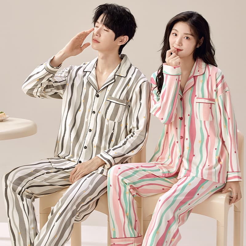 Casual Long Two-Piece Pajama Set for Couples Autumn Wearable Home Clothes Men Women Outerwear Flip Collar Sleepwear Set
