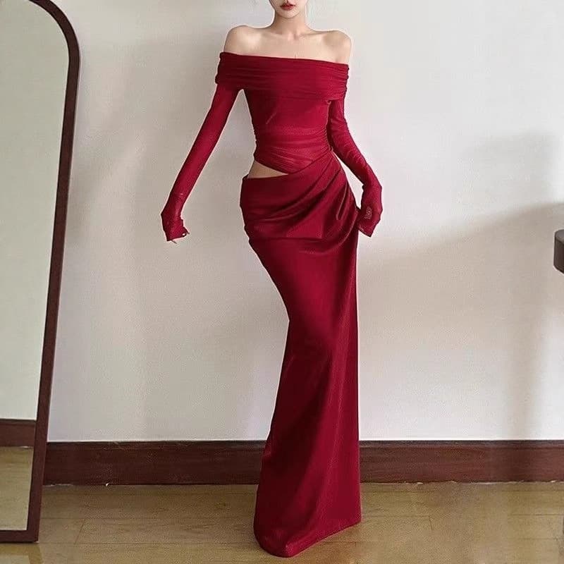 Spring/Summer Sexy Mature Style Mesh Patch One-Shoulder Dress for Women, Heart-shaped Cutout Waist-Slimming Long Dress