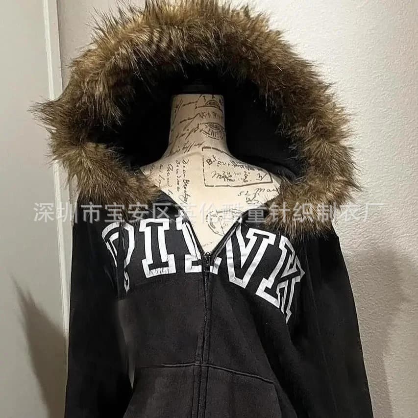 2025 Zip-Up Fur-Lined Hoodie Streetwear Hooded Spicy Girl Jacket New Top Youth Trendy Hoodie