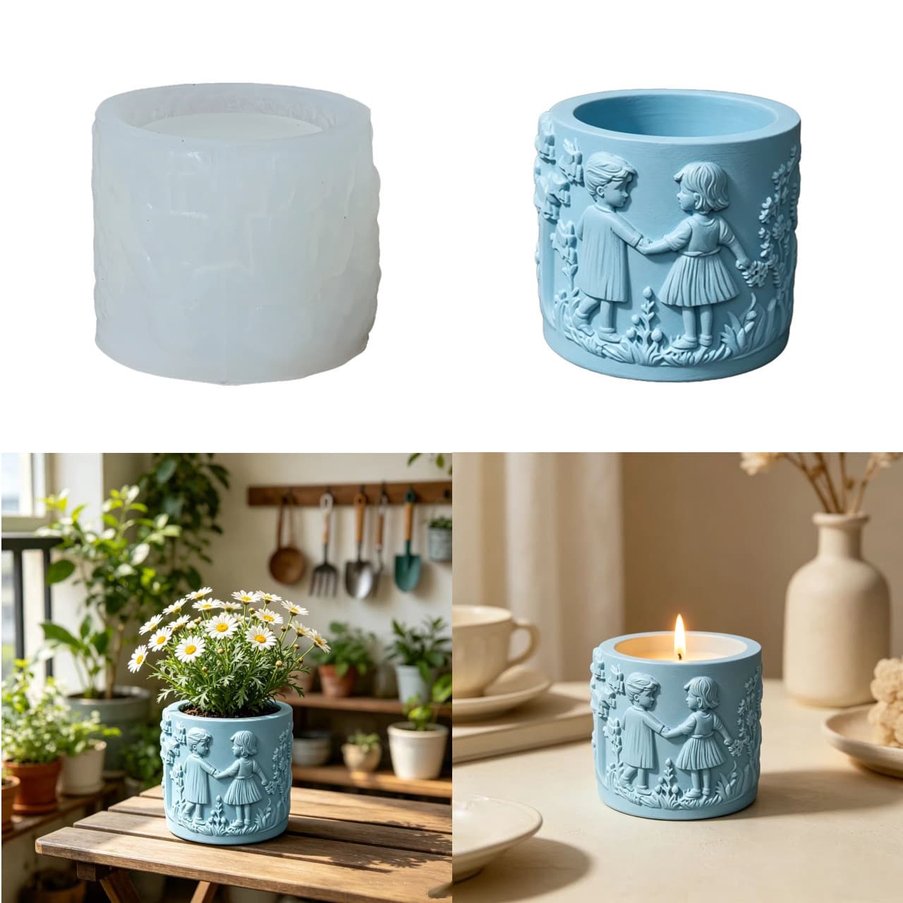 Cute Kids Relief Flower Pot Silicone Mold DIY Aromatherapy Candle Plaster Ornament Mold