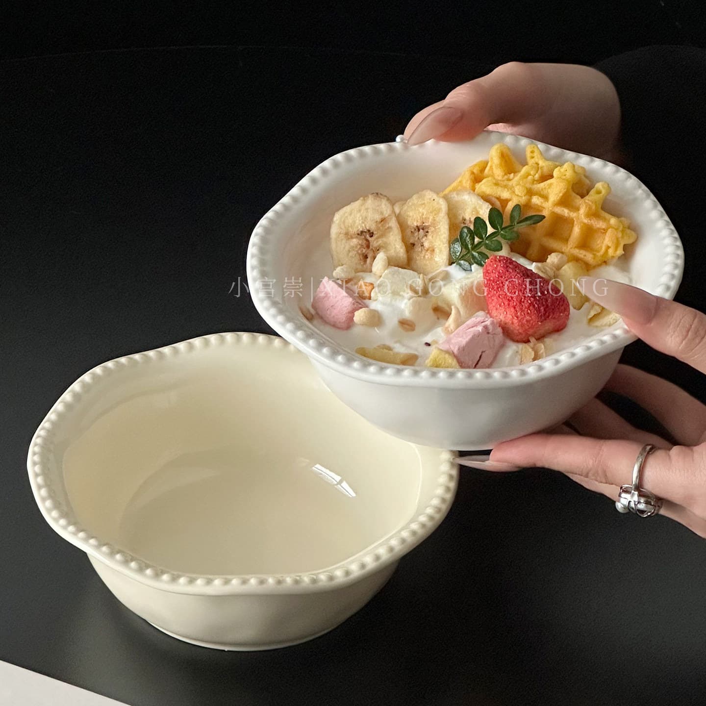 Ceramic bead dot bowl, dessert bowl, French cream style fruit salad, yogurt bowl, high-looking oatmeal breakfast bowl, rice bowl