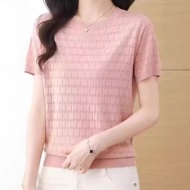 Solid Color Round Neck Knitted Short Sleeve T-Shirt Ice Silk Summer Loose New Hollow Out Stylish Casual Thin Top for Women