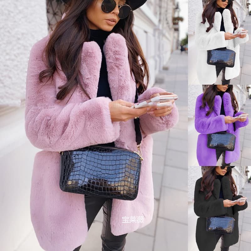 Long Collar Faux Rabbit Fur Coat Women European American Style Office Long Sleeve Faux Fur Coat Warm Plus Size Women's Clothing