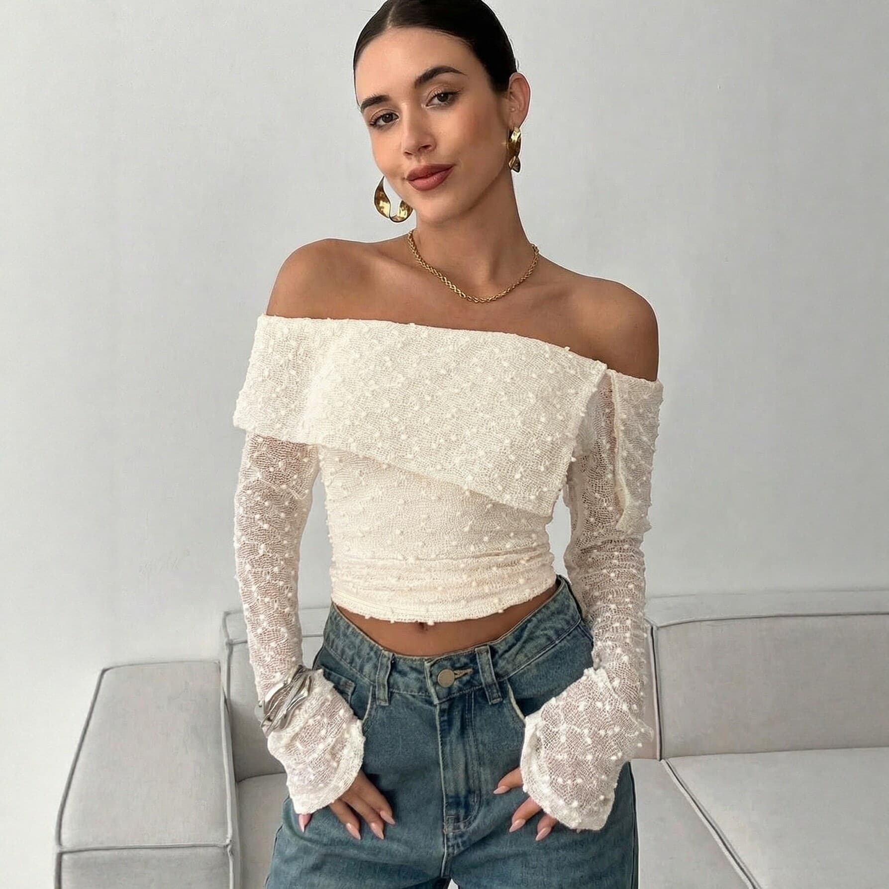 Amazon Spring French Style One-Shoulder Flared Long-Sleeve T-Shirt New Slim Fit Cropped Top