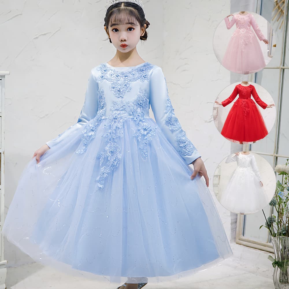 Girls' dresses, autumn and winter European and American style long dresses, princess dresses, flower girl wedding tutu skirts, host piano children's dresses