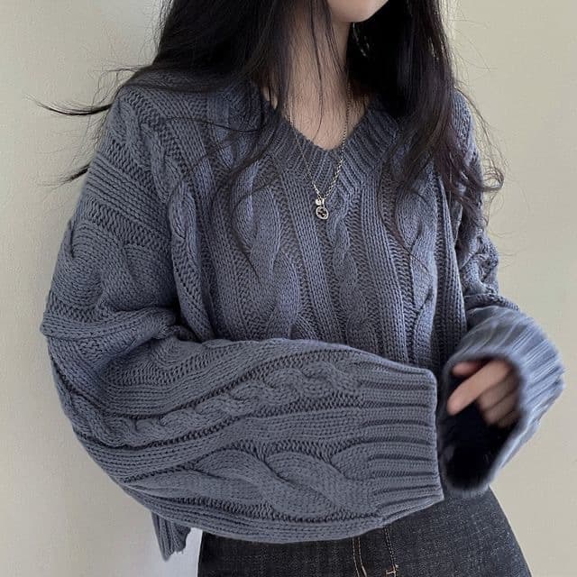 Chic Retro Cable Knit V-Neck Pullover Long Sleeve Sweater for Women, New Fall/Winter Loose Short Casual Knit Top