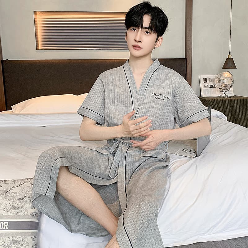 Men's Short Sleeve Summer Cotton Mid-Length Bathrobe Morning Robe Thin Plus Size Sleepwear Kimono Bathrobe
