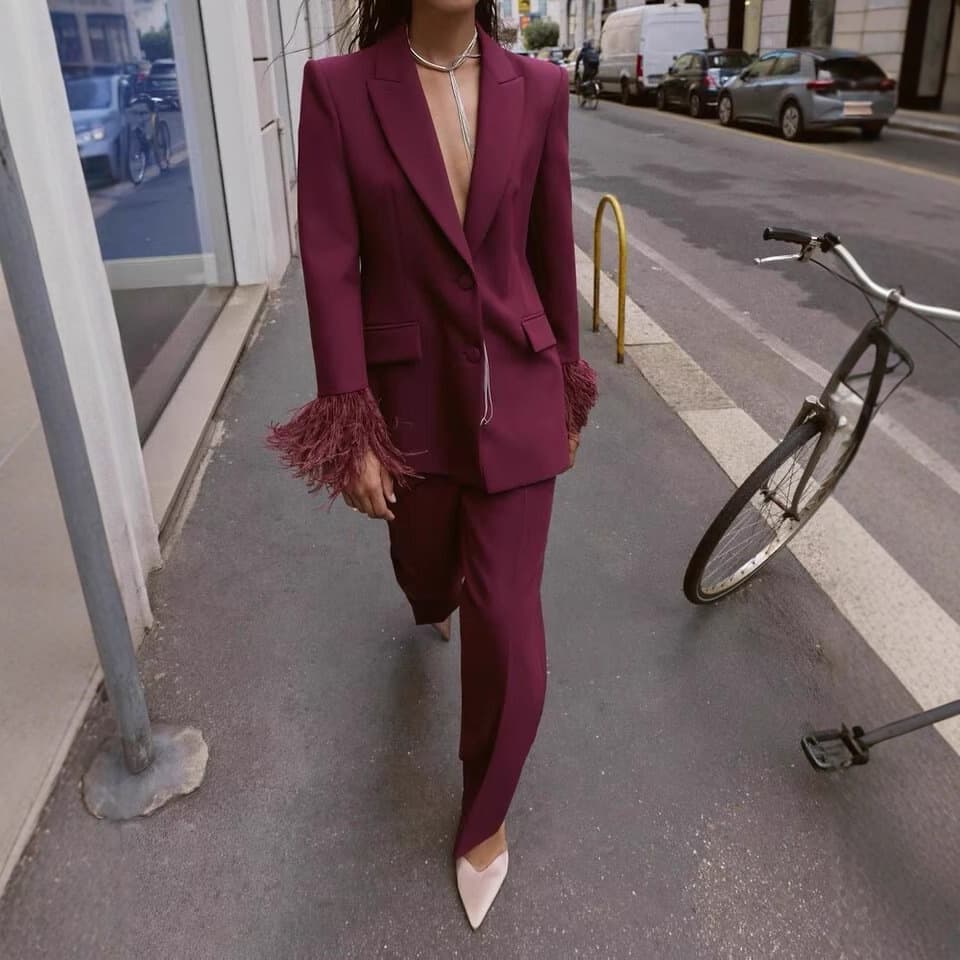 NSSF Custom European and American Cross-border Women's New Commute Loose Suit with Feather Trim Jacket and Pants Set