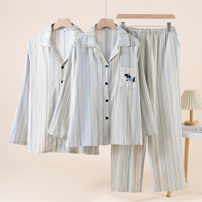 Couple Pajamas Spring Autumn Women Striped Small Lapel Embroidery Homewear Men Long Sleeve Pants Set Home Clothes Factory