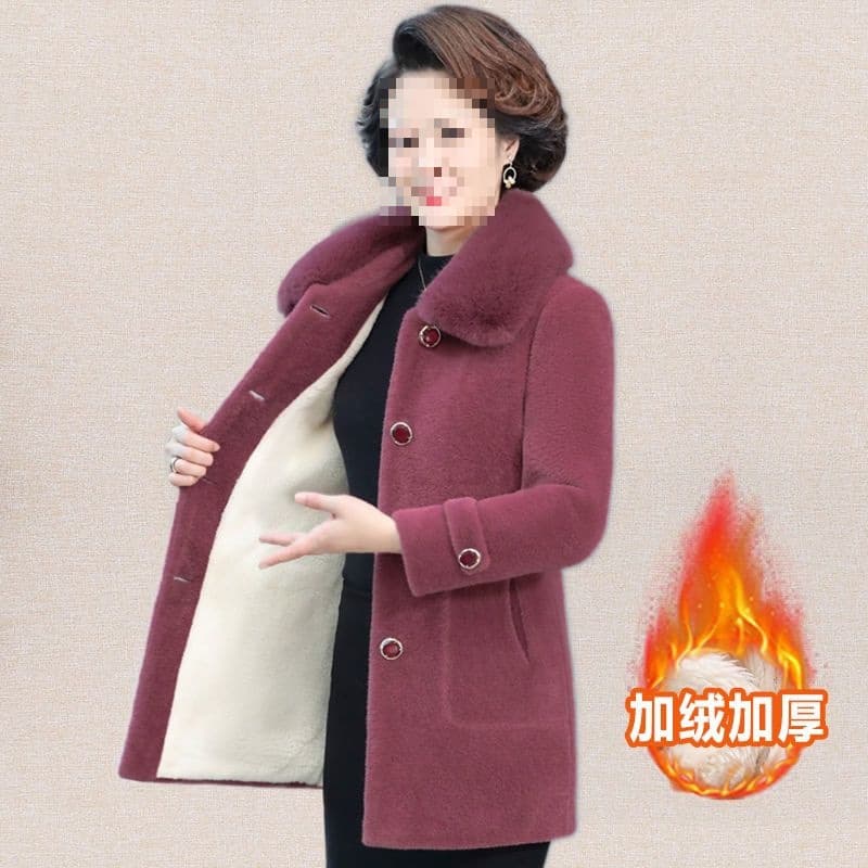 Middle-Aged Women's Clothing Mom Wear Faux Mink Plush Coat Plush Thick with Fur Collar Coat Mid-Long Winter Wear