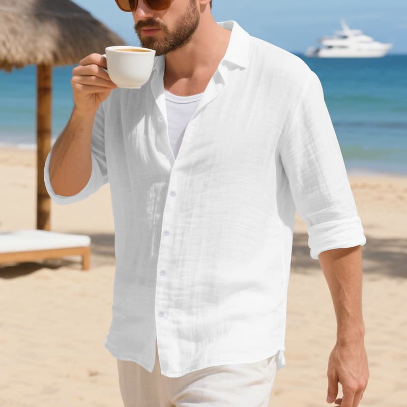 Wholesale Custom Cross-Border Spring/Autumn Linen Men's Long-Sleeve Shirt American Loose Button Hawaiian Casual Top