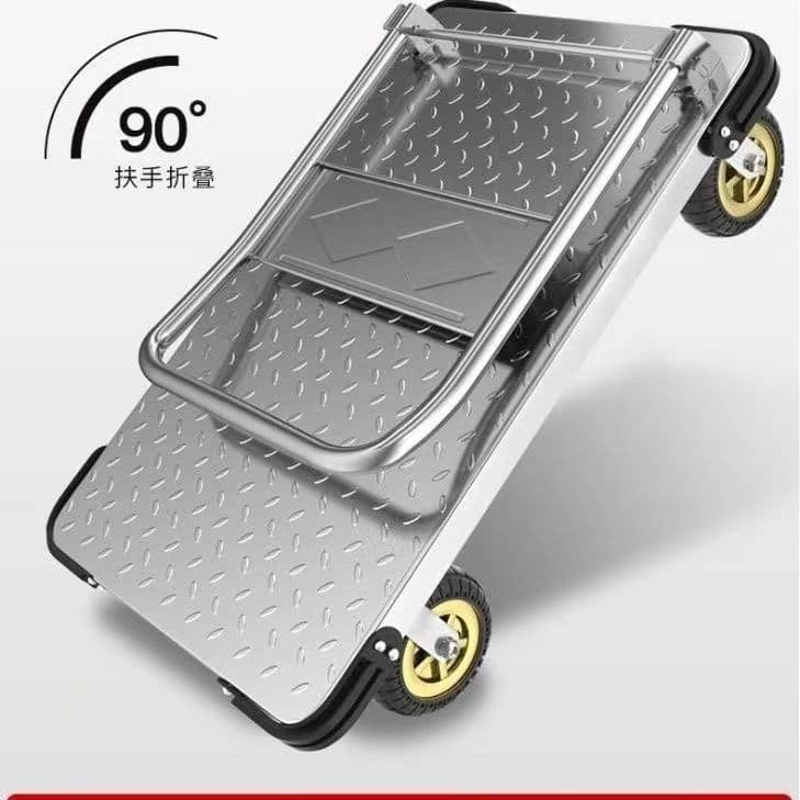 Steel Plate Small Trolley Four-Wheel Transport Cart Express Delivery Flatbed Cart Quiet Hand Truck Foldable Trailer Push/Pull Cart
