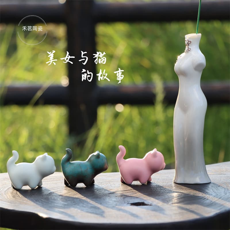 Creative Ceramic Decoration Small Ornament Home Lovely Decor Japanese-style Cat Tang Costume Human-shaped Vase Home Accent