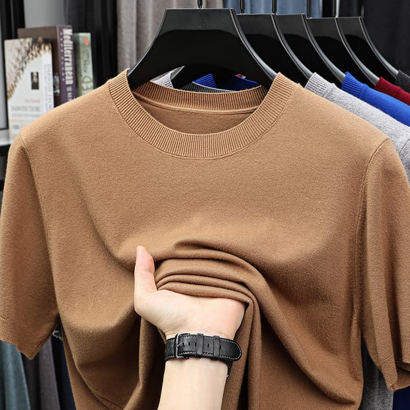 Men's Short-Sleeve Thin Knit Sweater, Solid Color Fine Knit Casual Round Neck Pullover for Men, Cross-Border