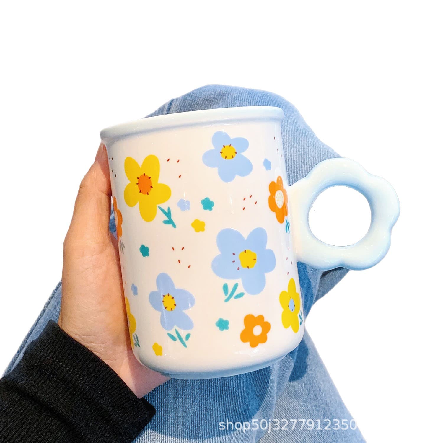 Elegant Flower Ceramic Mug with Lid and Spoon, Women's Household Water Cup, Office Coffee Tea Mug