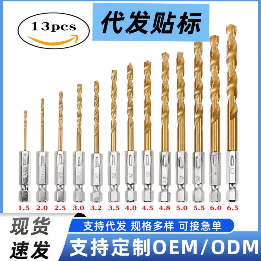 13pcs Hex Shank Twist Drill Bit Set High Speed Steel Electric Drill Hole Maker Wood Plastic Titanium Coated Twist Drill