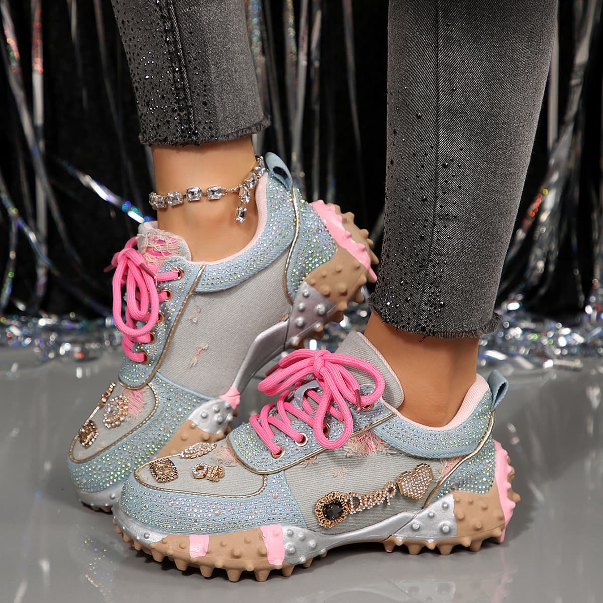 Durian Sole Dad Shoes for Women European New Autumn Mesh Breathable Flats Rhinestone Letters Thick Sole Casual Sports Shoes