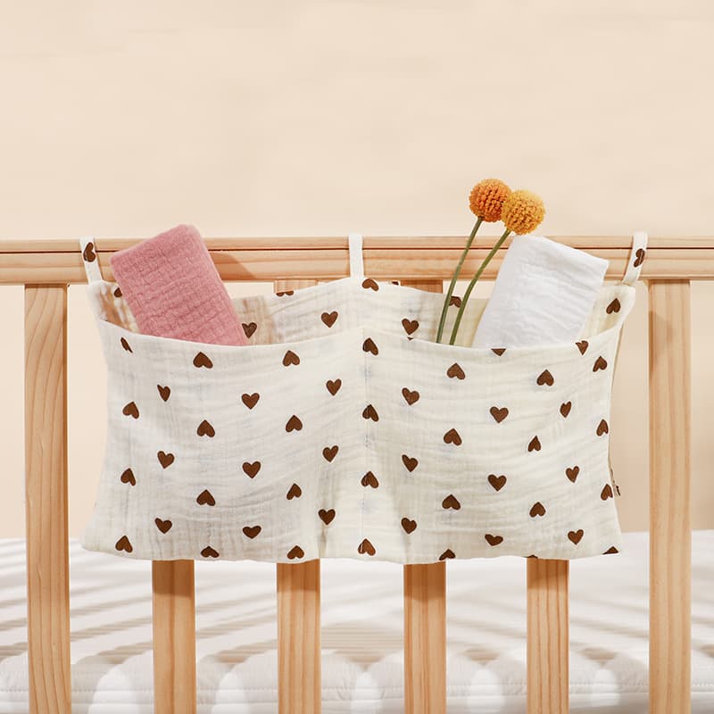 Cross-Border Double Layer Pure Cotton Baby Crib Side Storage Bag Double Pocket Stroller Hanging Bag Printed Baby Bottle Hanging Bag
