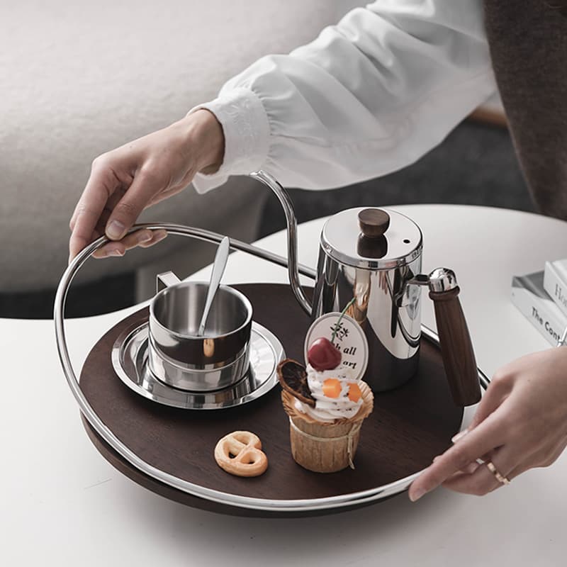 Wooden stainless steel mirror tray home living room tea cup water cup storage bread coffee plate light luxury high-end