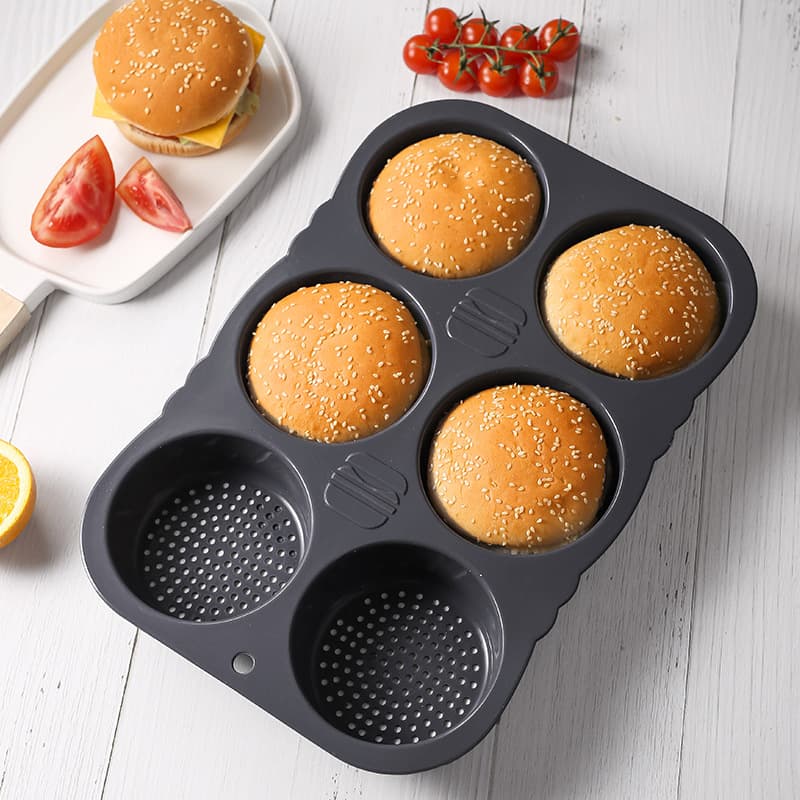 Cross-border Amazon Food-Grade Silicone Burger Mold 6-Cavity French Bread Mold Easy Release Kitchen Baking Tool
