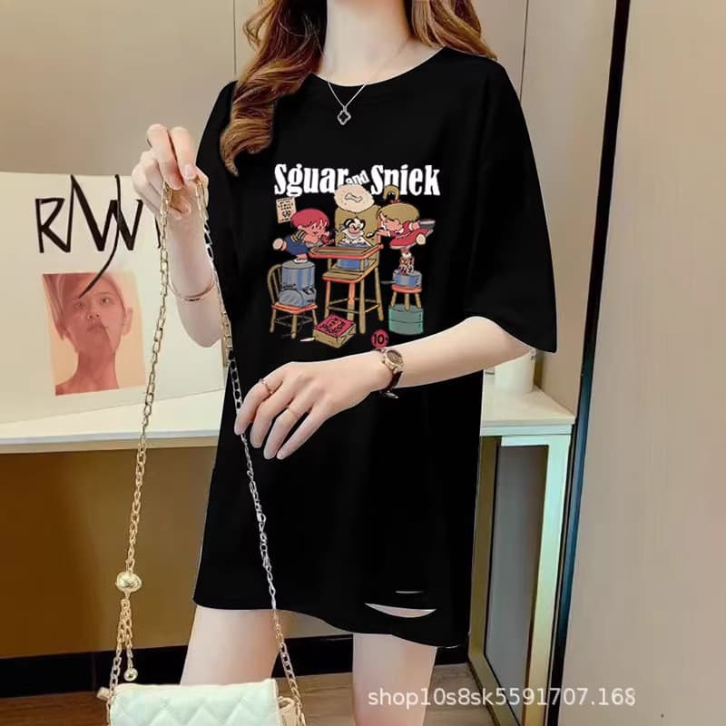 Round Neck Black T-Shirt Women's Mid-Length Base Layer 2026 New European Fashion Oversized Tee Ripped Versatile Trendy T