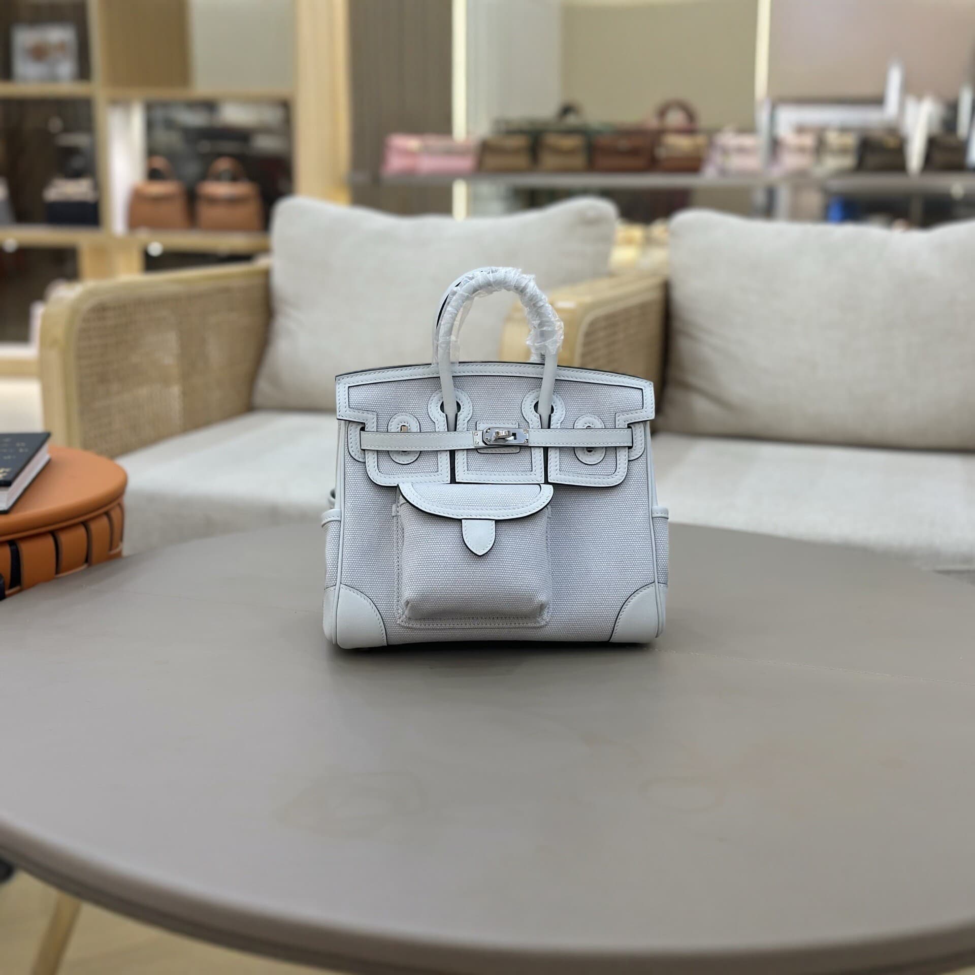 H Brand Handmade Birkin Cargo 25 Beeswax Stitching All-Steel Hardware Swift Top-Grain Leather with Canvas Tote Bag