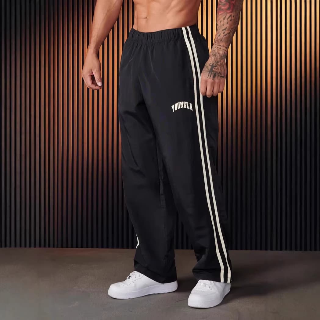 YOUNGLA Cross-Border Best-Selling Men's Joggers Double Stripe Panel Print Long Pants Gym Straight Leg Pants