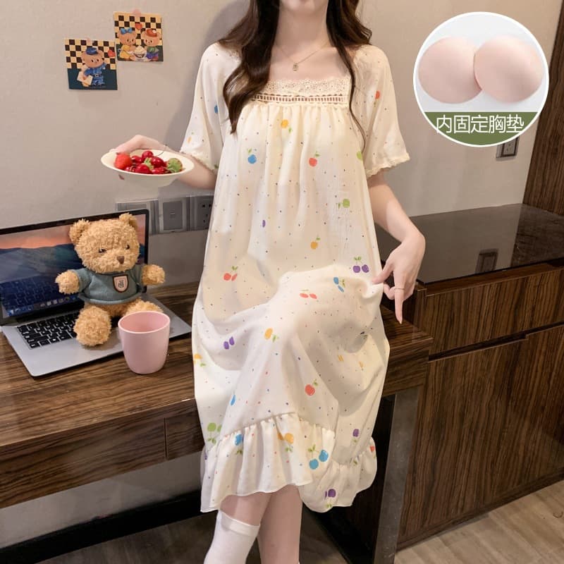 Pajamas with breast pads for women, summer short-sleeved thin pure cloud cotton plus fat plus size fat MM 200 pounds long pajamas