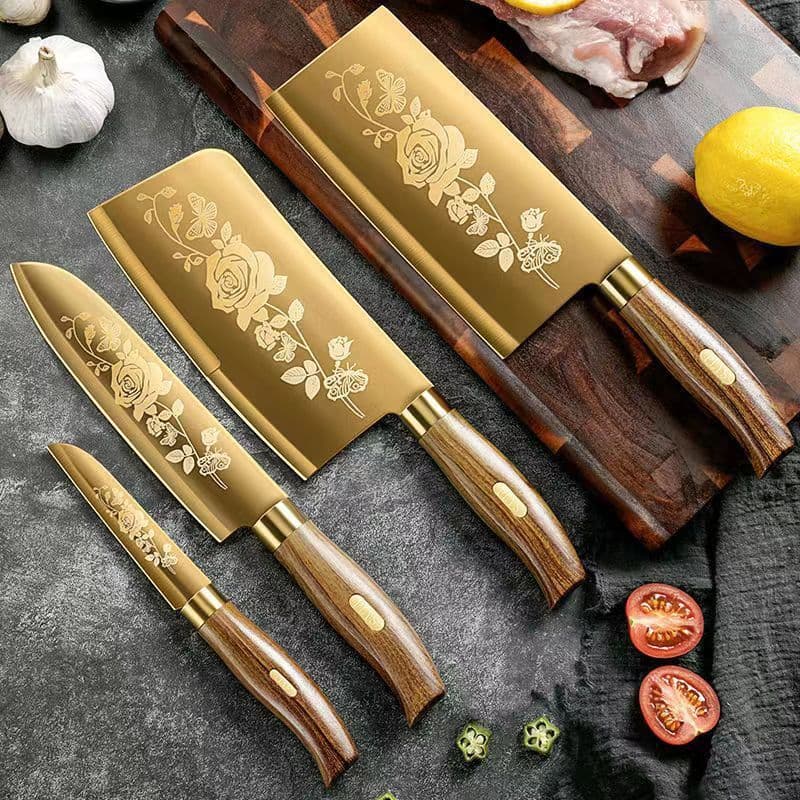 Titanium-coated gold knife, stainless steel kitchen knife, household bone chopper, chef's special fruit knife, sharp printed gift set