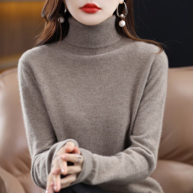 100% Wool Sweater Fall Winter New High Neck Women's Sweater Knit Pure Color Long Sleeve High Rolled Collar Loose Base Layer