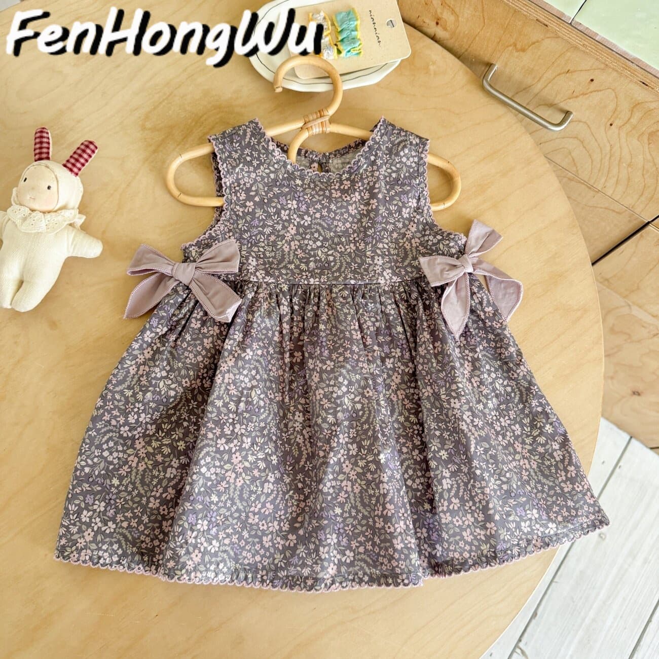 Pink House 2026 New Girls Sweet Floral Dress Summer New Fashion Bow Vest Dress Sleeveless