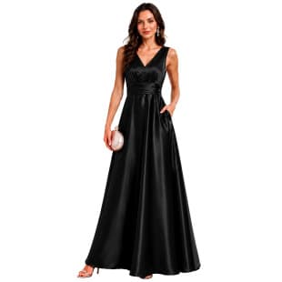 V-Neck Sleeveless Satin Long Evening Dress High-Waist Bridesmaid Dress European and American Banquet Full Skirt Long Dress Wholesale Source