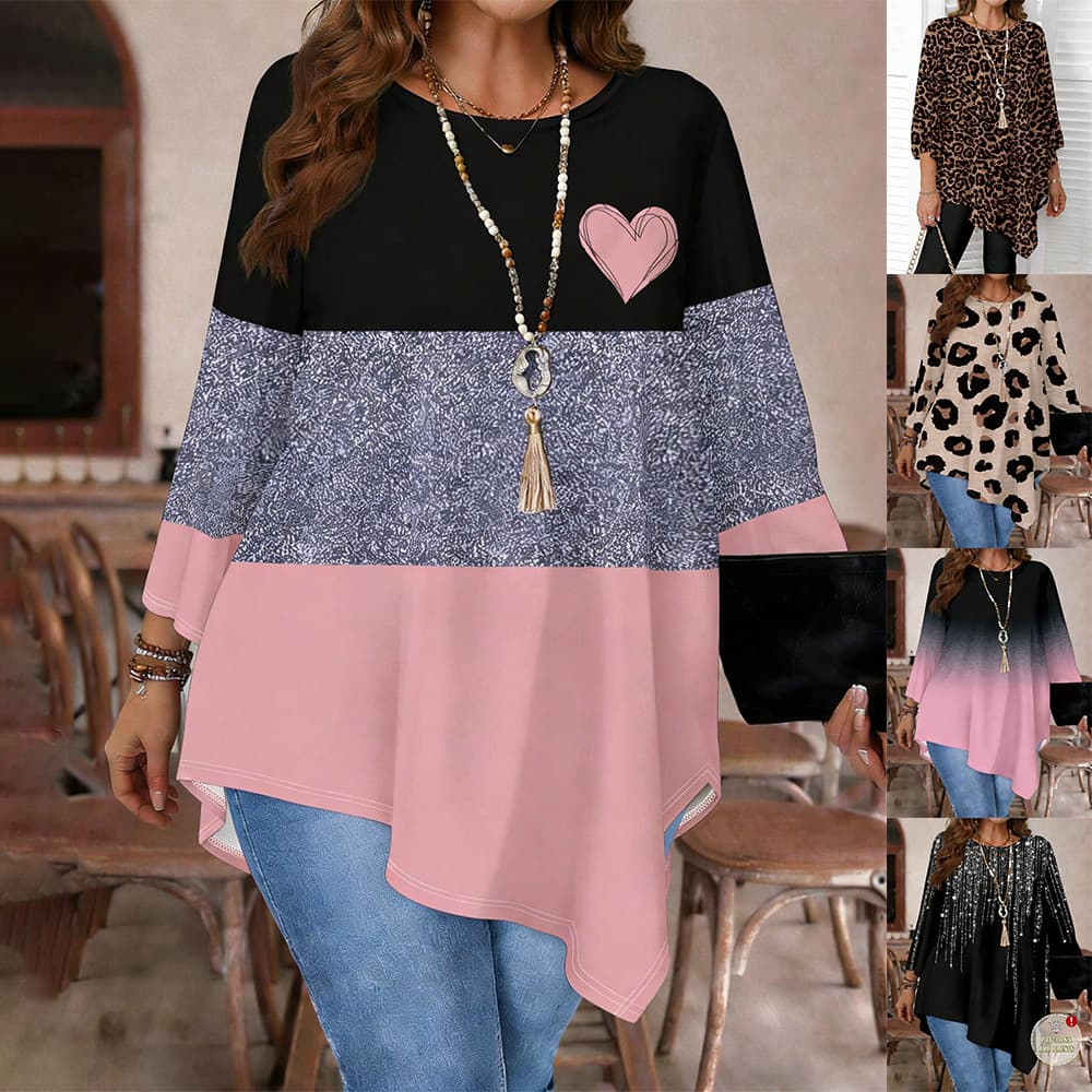 Cross-border Supply Plus Size Women's Leopard Print Gradient Round Neck Contrast Heart Irregular Hem Loose Top
