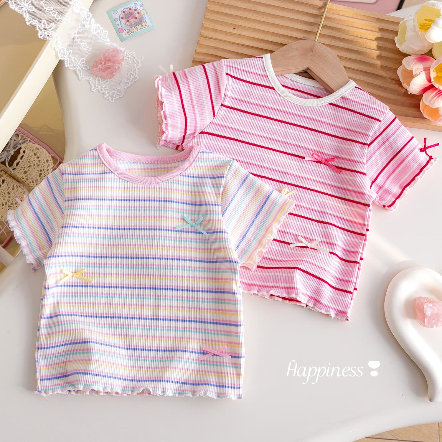 Girls Summer Striped Short Sleeve T-Shirt Korean Fashion Bow Top Baby Toddler Stylish Summer Clothing