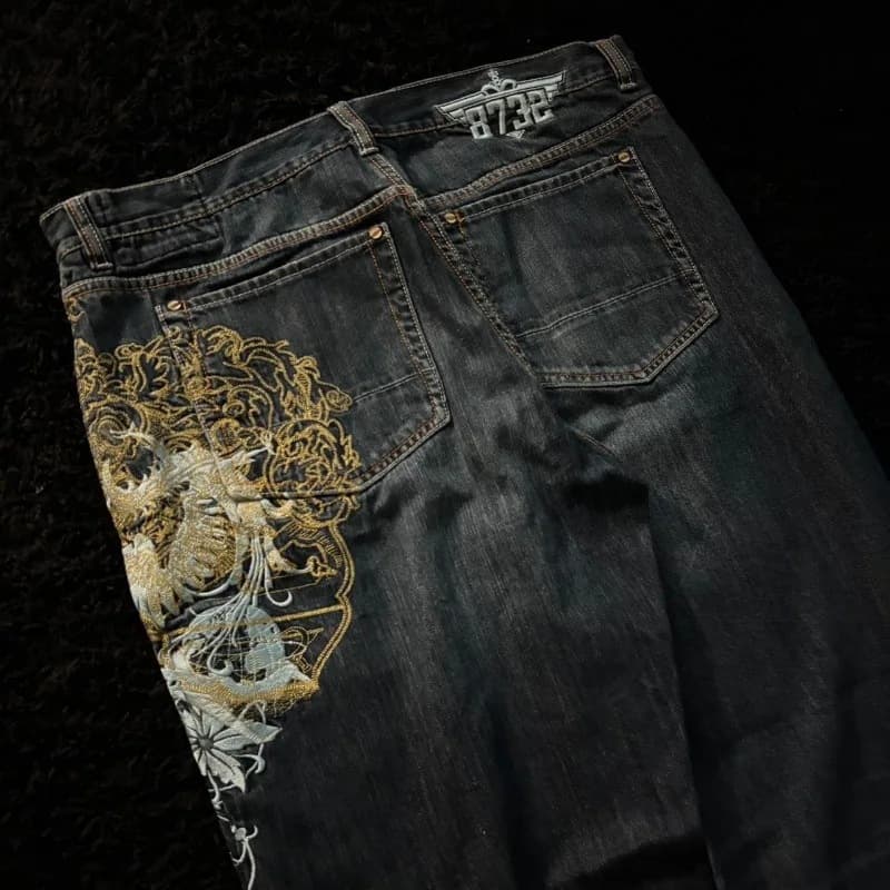 European and American cross-border retro pattern embroidered loose jeans men's street washed distressed casual straight wide-leg pants
