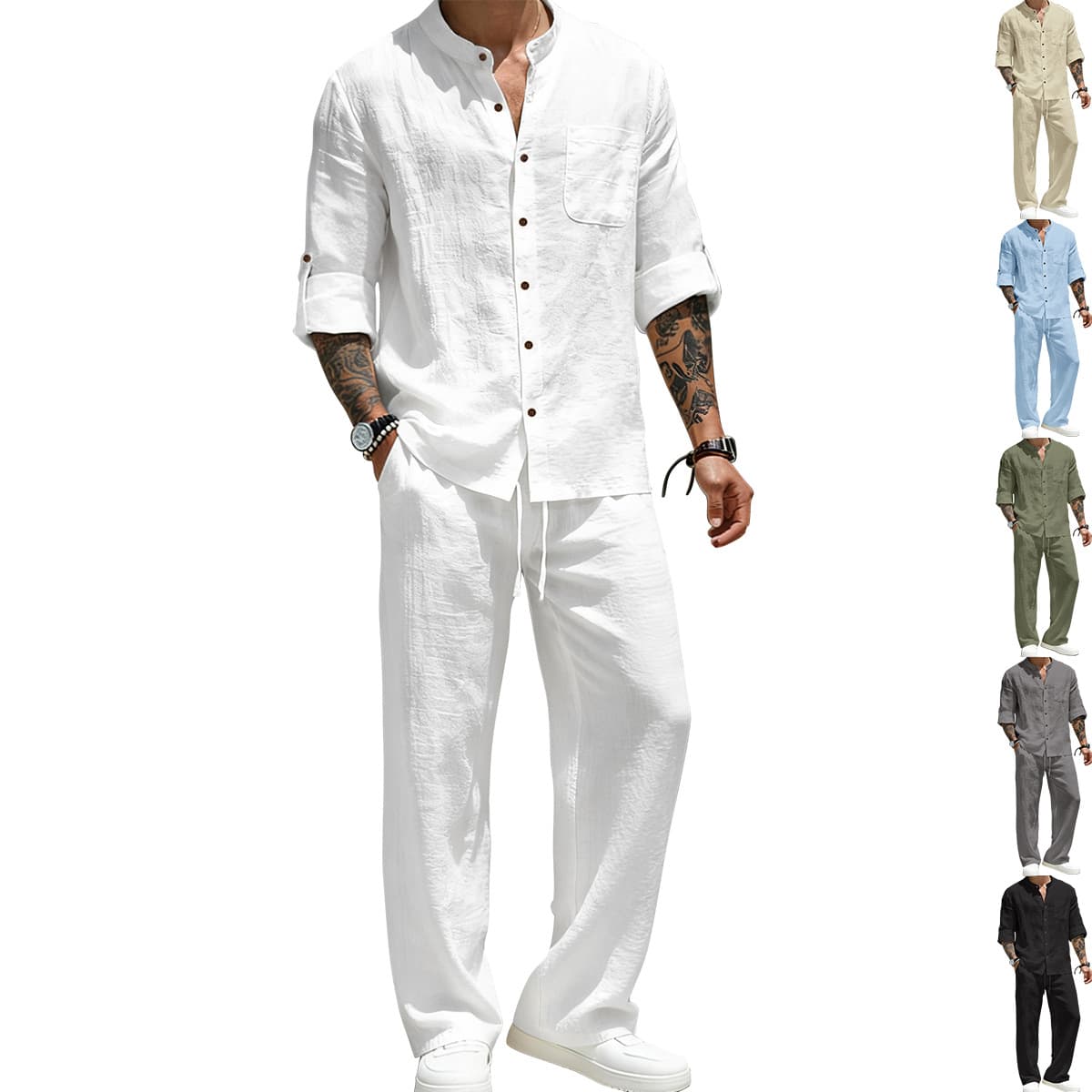 2025 Cross-Border American-Style Men's Shirt, Men's Long-Sleeve Retro Stand-Collar Spring and Autumn Linen Youth Long-Sleeve Long Pants Set