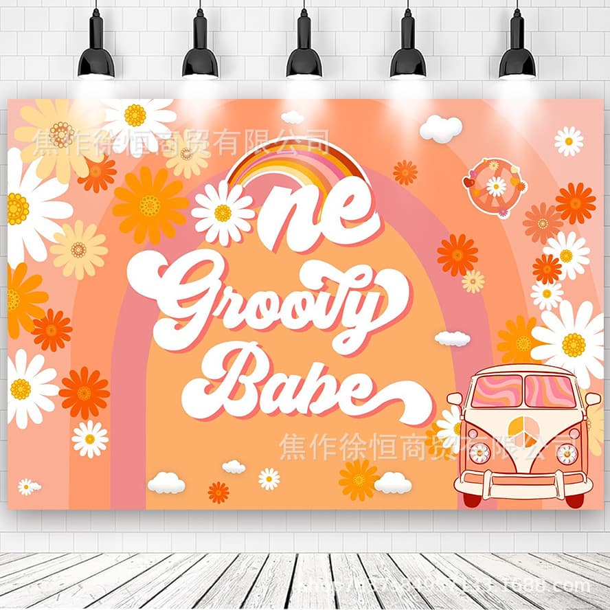 Cross-border hot sale Bohemian hippie birthday backdrop, rainbow bus 1st birthday party decoration banner