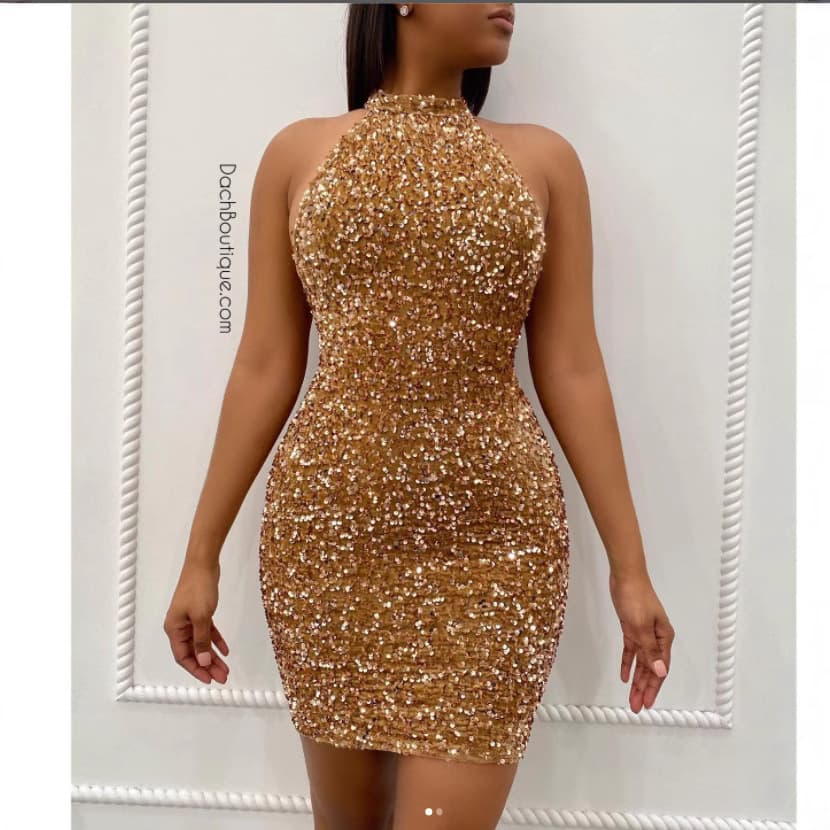 European and American Sexy Women's Sleeveless Fitted Sequin Halter Tight Dress