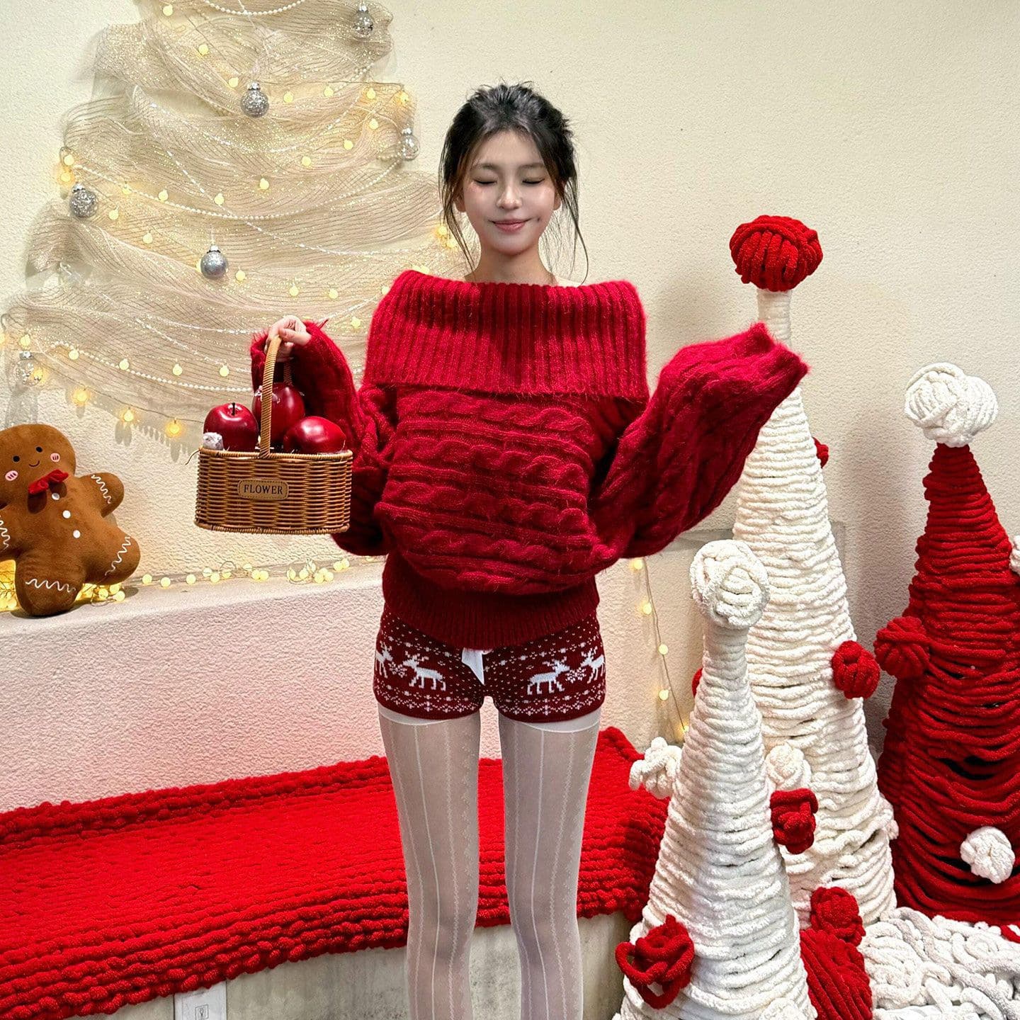 Red New Year Sweater for Women, One-Shoulder Pullover Long Sleeve, 2025 Fall/Winter New Arrival, Loose Fit Slimming Harajuku Style Top