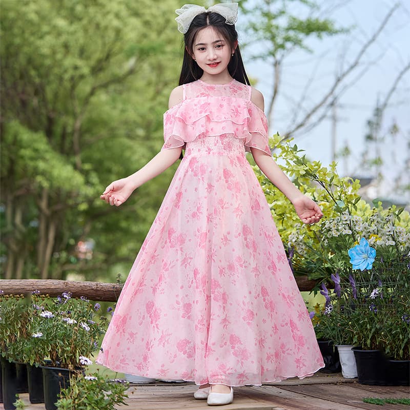 Girls Dress Summer 2025 New Medium-Large Kids Floral Beach Dress Summer Fashion Chiffon Long Dress