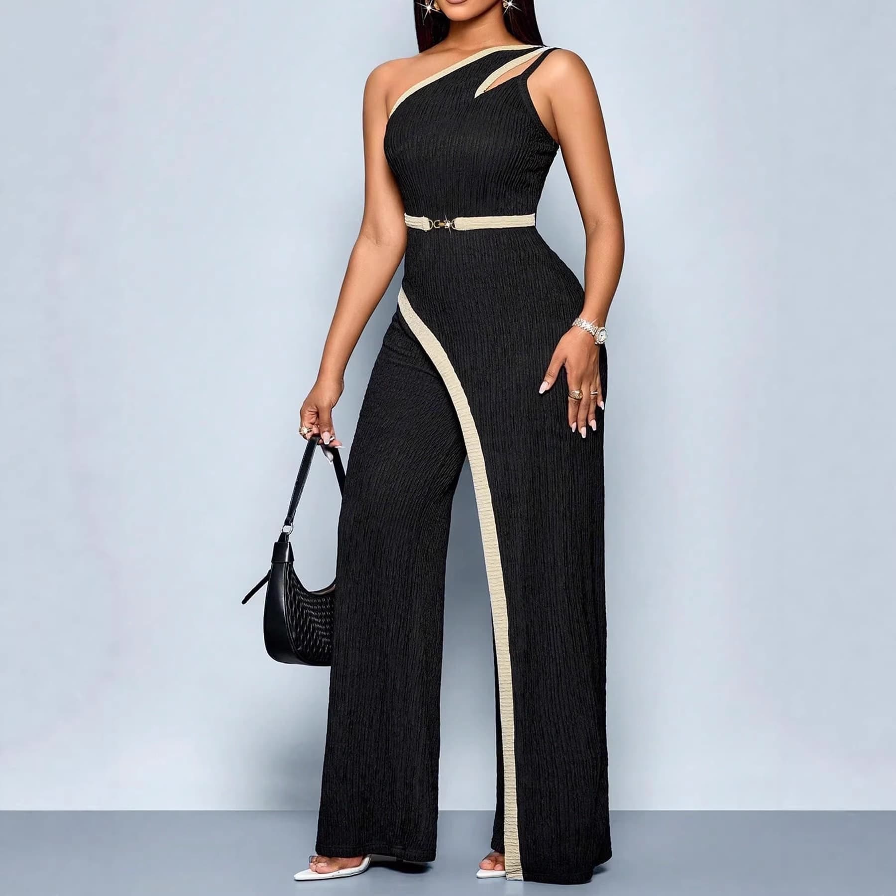 Cross-Border Foreign Trade Amazon European and American Style New Women's Clothing Asymmetric One-Shoulder Cut-Out Wide-Leg Jumpsuit