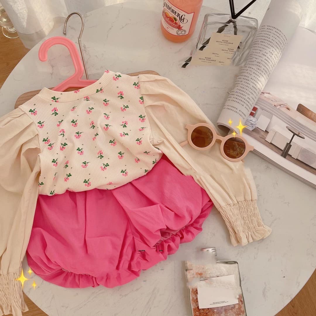 Ancorelala autumn new children's clothing Korean style fashionable puff sleeve floral top and bloomers set