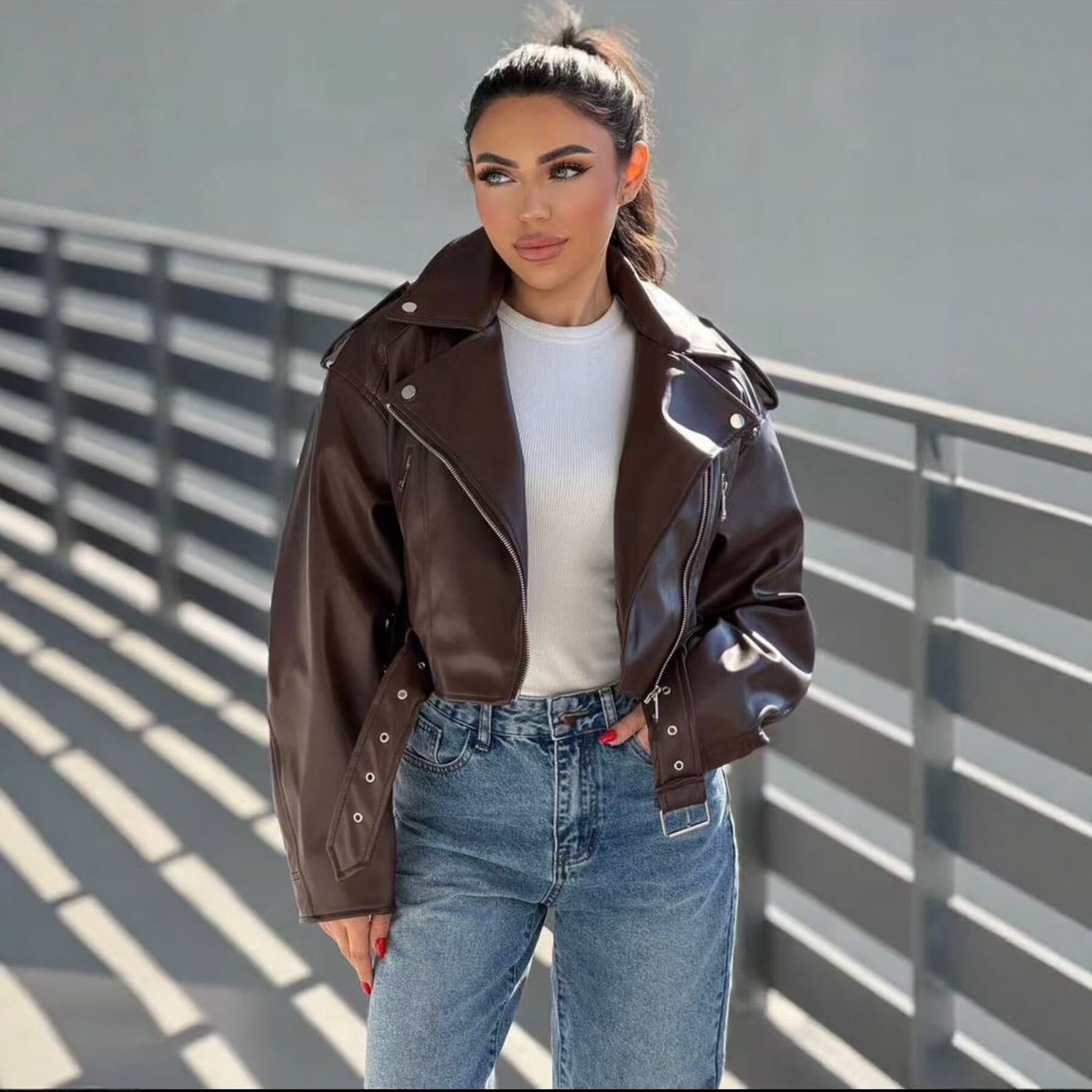 2026 New European and American Style Short PU Leather Women's Motorcycle Jacket Retro Lapel Slim Fit Versatile Jacket Trendy