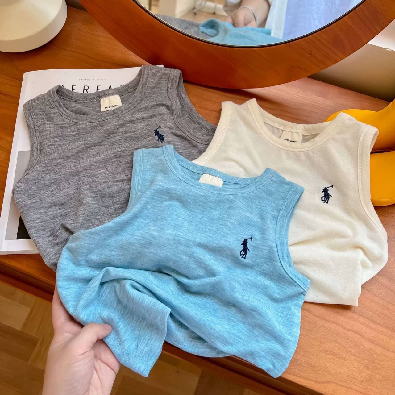 2026 Summer Boys New Solid Color Vest Fashion Trendy Boy Baby Embroidered Cotton Comfortable Sleeveless Top Thin