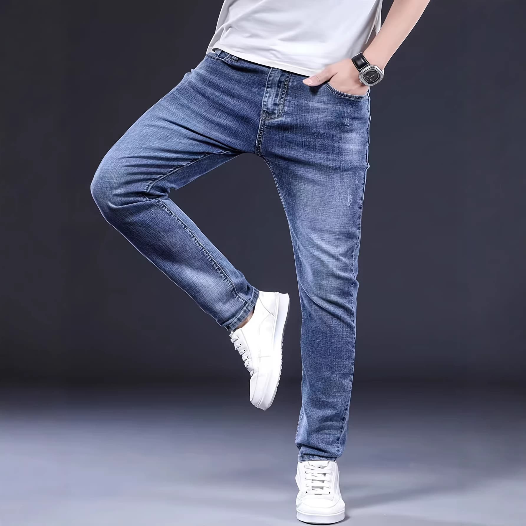 Men's jeans stretch blue denim pencil pants multi-technique slim fit men's pants