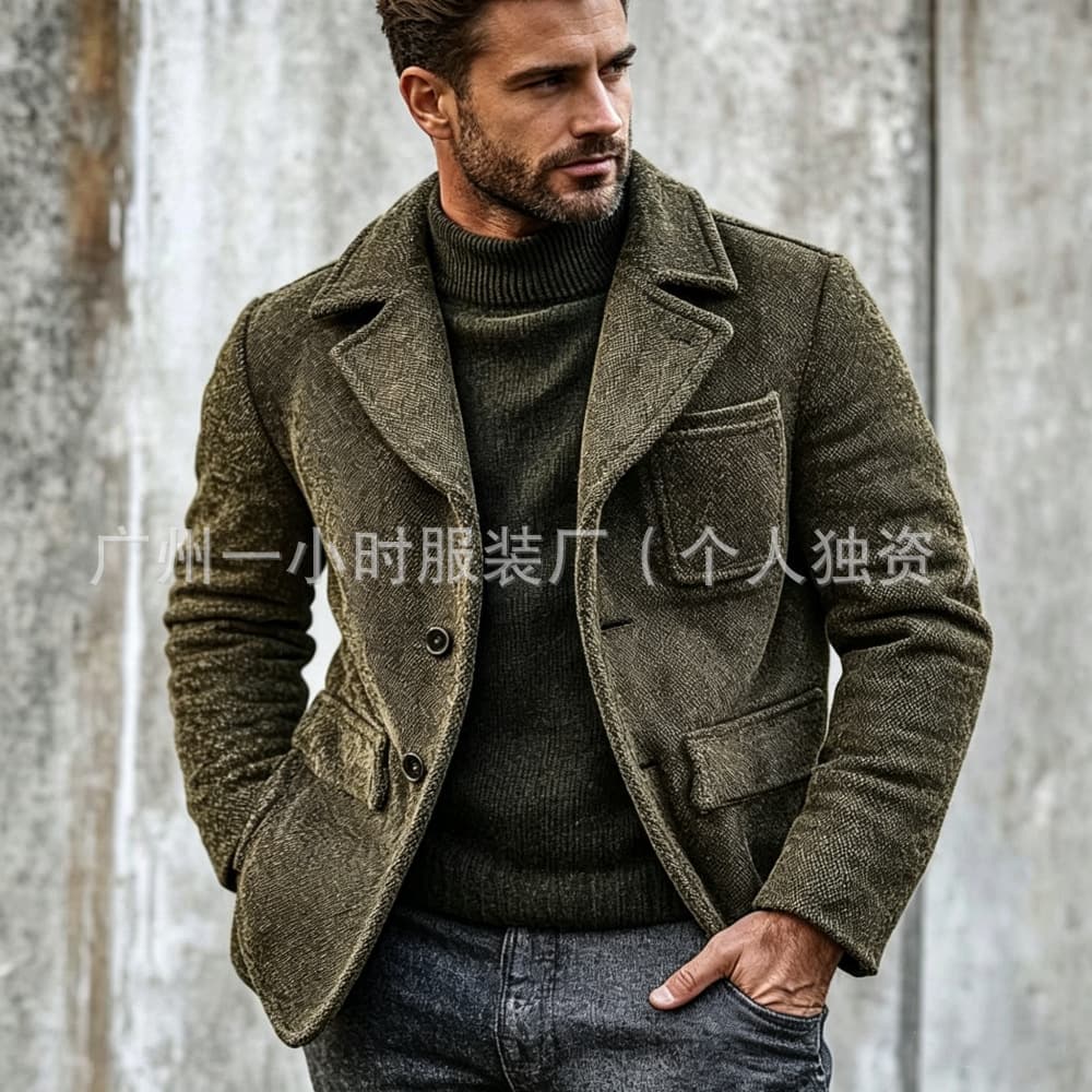 Cross-Border European and American Autumn and Winter New Men's Retro Jackets Casual Lapel Woolen Jackets Men's Solid Color Suits