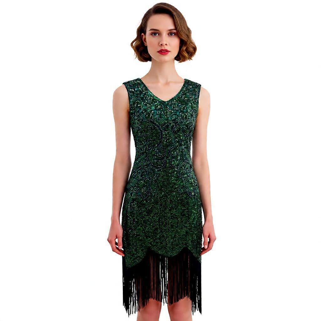 1920S vintage Gatsby sequined skirt party dress tassel dance skirt double V-neck dress stage performance costume