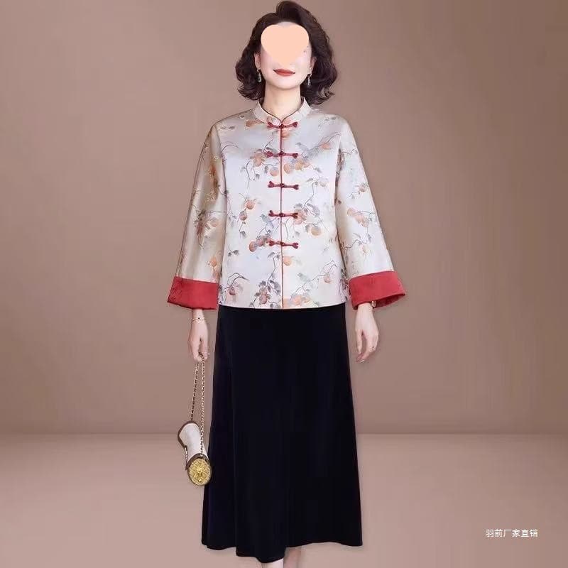 New Chinese-Style Mother Spring Dress Set 2025 New Middle-Aged and Elderly Women Spring/Autumn National Style Jacket Two-Piece Set